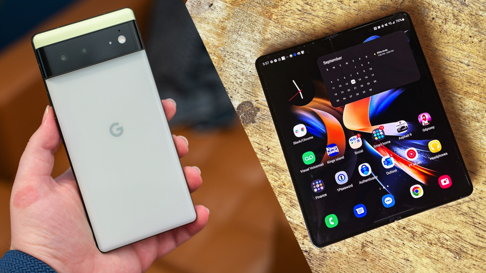 The Google Pixel 7 next to a Samsung Galaxy Z Fold 4.