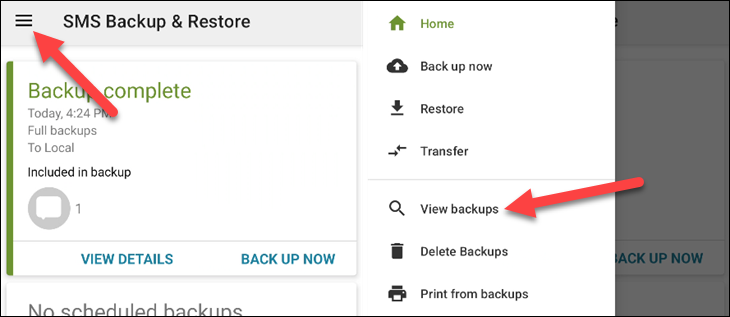 Open the menu and select "View Backups."