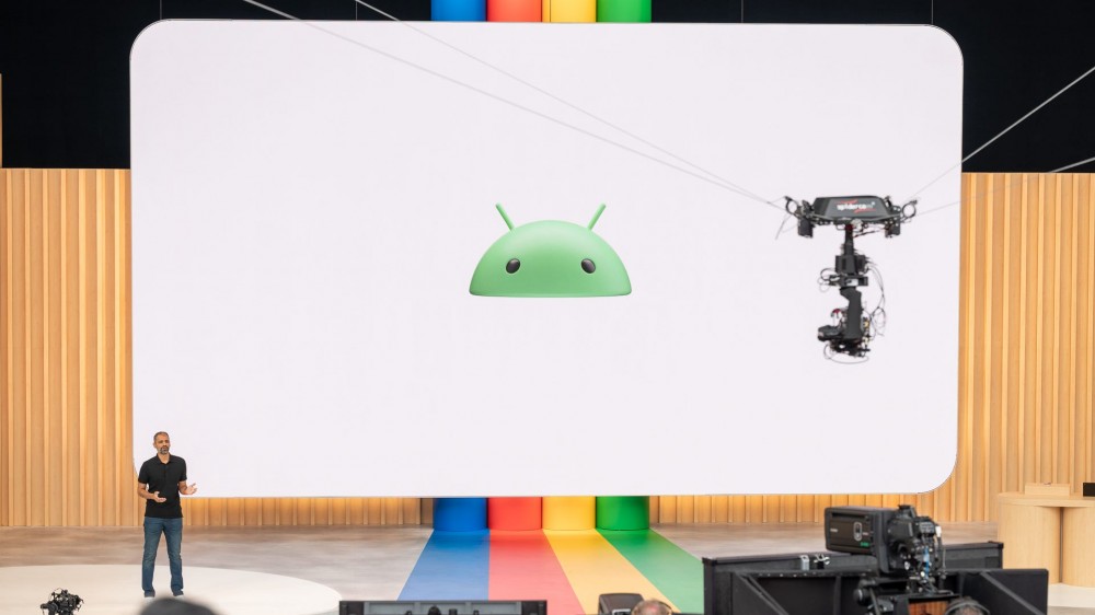 Sameer Samat on stage at Google IO 2023 discussing Android