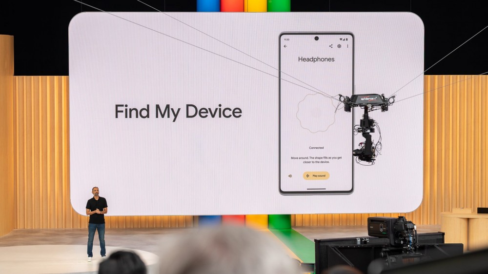 Sameer Samat on stage at Google IO 2023 discussing Find My Device on Android