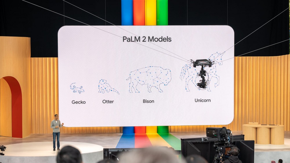 Sundar Pichai on stage at Google IO 2023 announcing PaLM 2 Models Gecko, Otter, Bison, and Unicorn