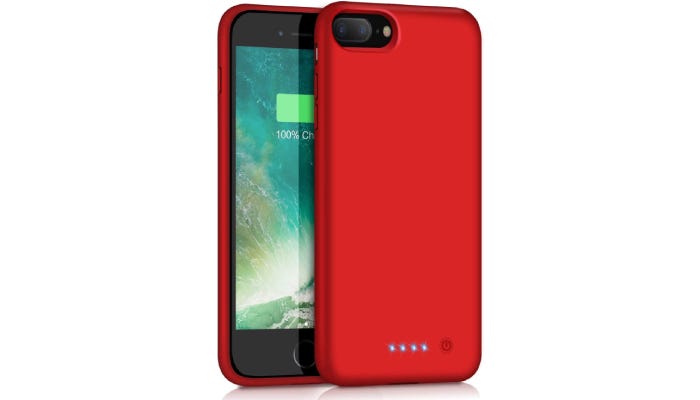 A red battery case showing the front and back. 